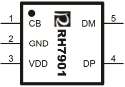 RH7901 单路USB充电兼容识别IC,USB兼容,USB兼容充电,USB充电兼容,USB识别,USB兼容识别,封装示意图