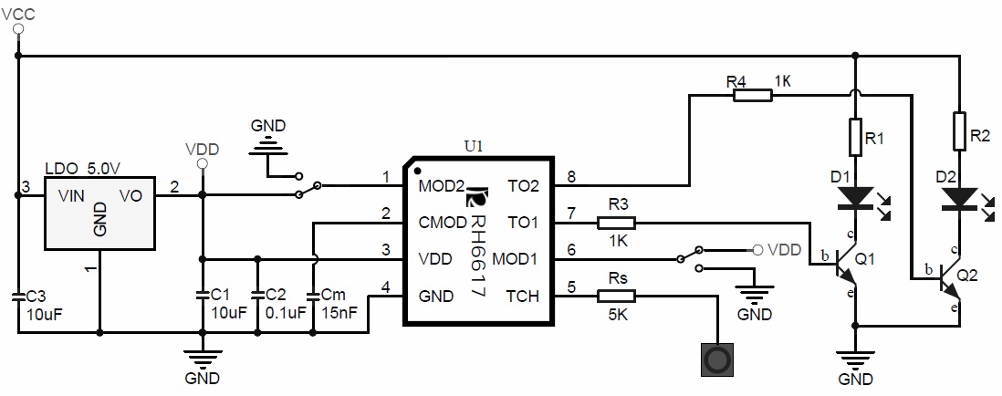 RH6616触摸按键,触摸按键IC,触摸IC应用电路